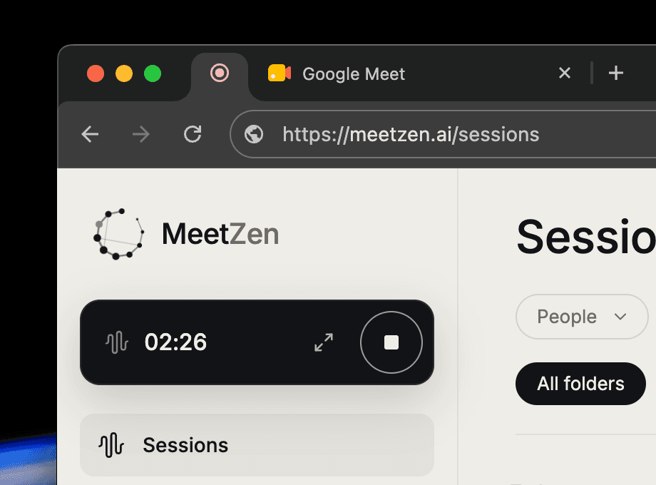 MeetZen recording a Google Meet conversation directly from the browser