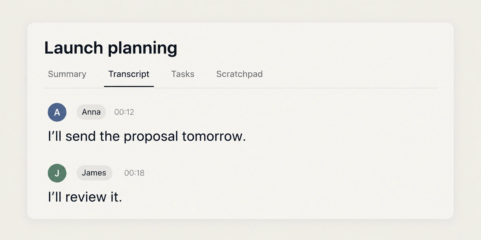 Anna promises to send the proposal tomorrow; James will review it, with blue and green speaker avatars