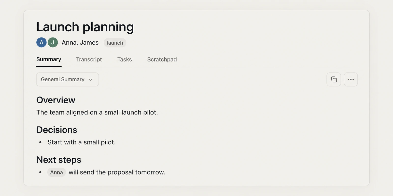 MeetZen summary with decisions and next steps assigned to Anna and James