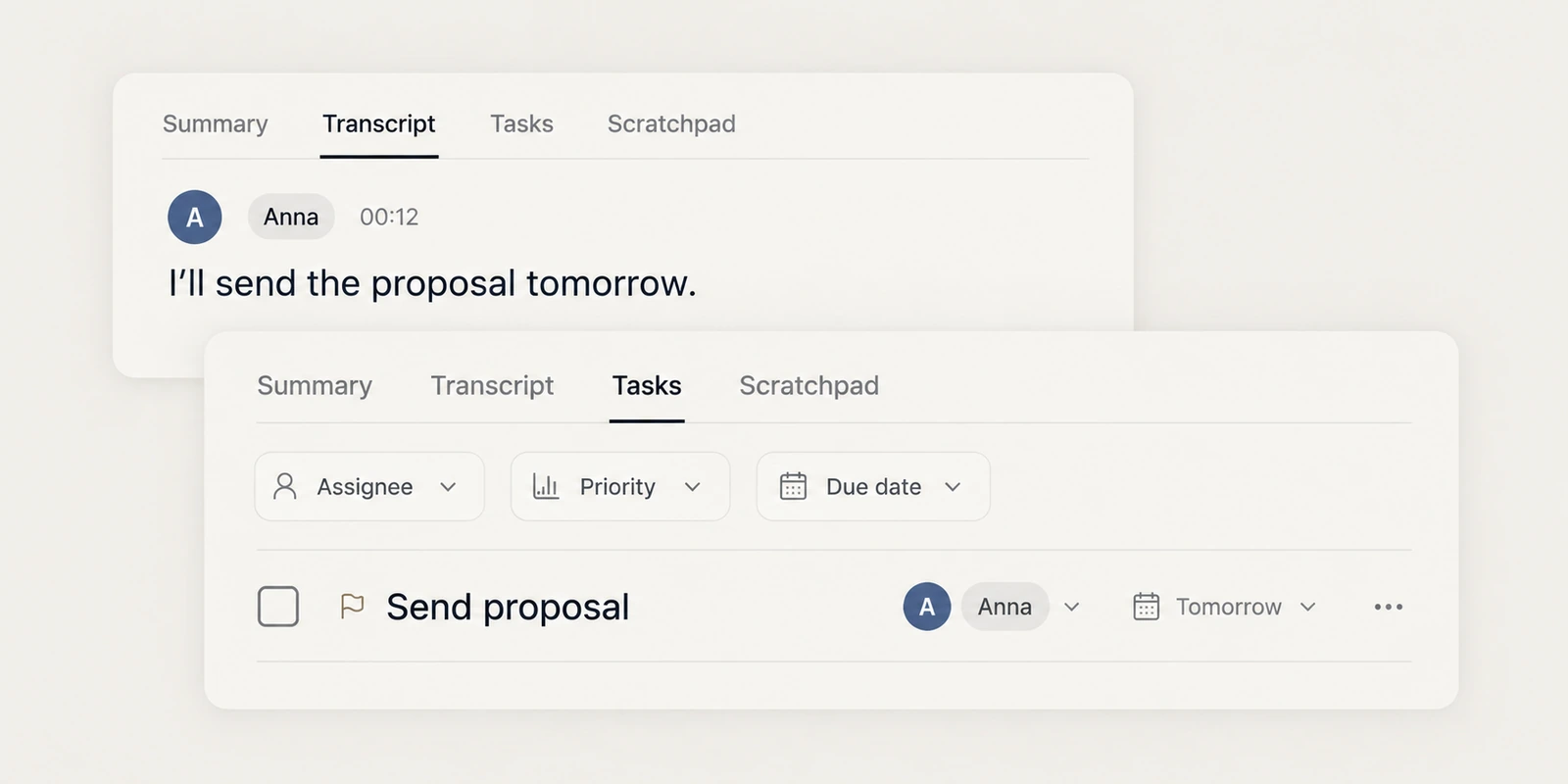 Anna’s promise becomes an unchecked Send proposal task, assigned to Anna and due tomorrow